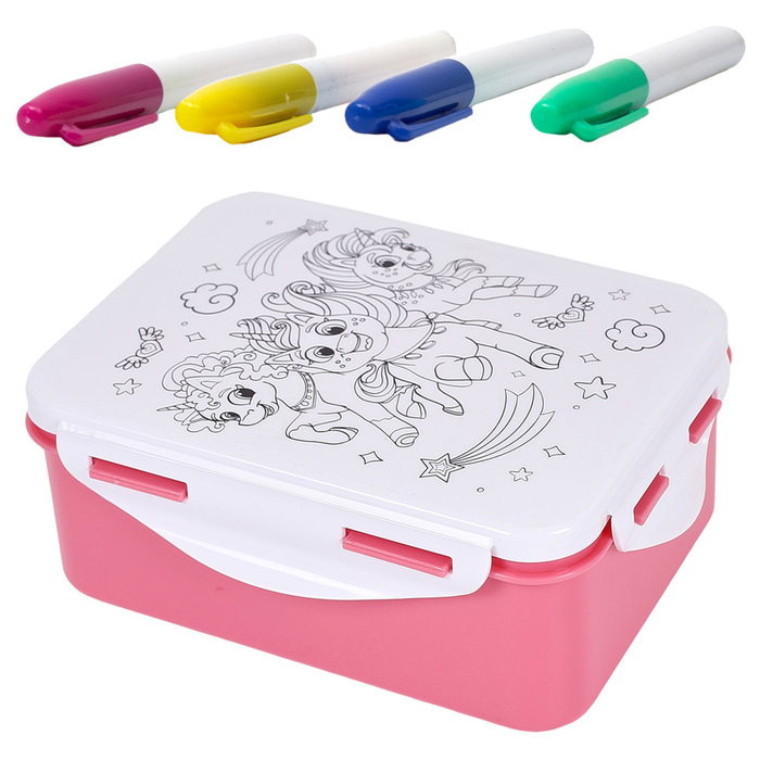 Cook Concept Fiambrera Infantil para Colorear con 4 Rotuladores (Modelos Unicornios y Dinosaurios)