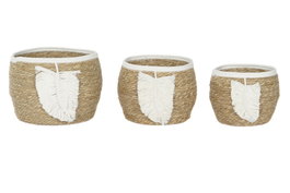 DKD Home Decor Set de 3 Cestas de Fibra y Algodón con Hoja Macramé, 33x33x27 cm