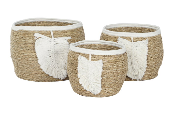 DKD Home Decor Set de 3 Cestas de Fibra y Algodón con Hoja Macramé, 33x33x27 cm