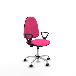 Silla de oficina Algarra con mecanismo Contacto permanente básico tapizada con Similpiel color Rosa. Equipada con Base cromada, Brazos fijos y Ruedas autofrenantes