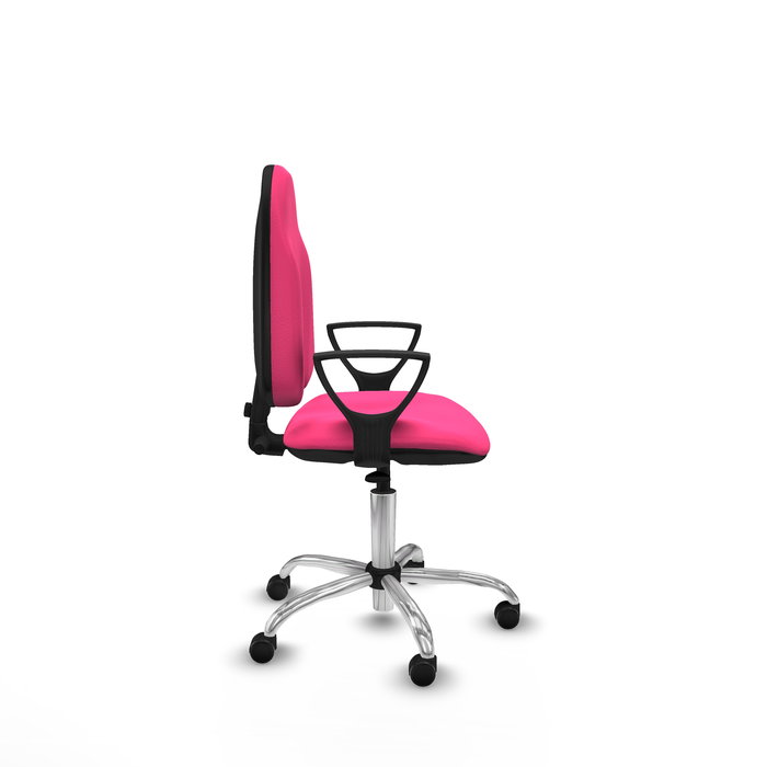 Silla de oficina Algarra con mecanismo Contacto permanente básico tapizada con Similpiel color Rosa. Equipada con Base cromada, Brazos fijos y Ruedas autofrenantes