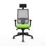 Silla de oficina Horna con mecanismo Sincro tapizada con Tela color Pistacho y malla color Gris. Equipada con lumbar 1D, Brazos 1D, Cabecero Fijo y Ruedas 65 mm parqué