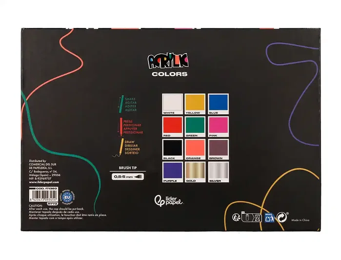 Liderpapel Rotulador Acrílico Punta Pincel, 12 Colores Surtidos