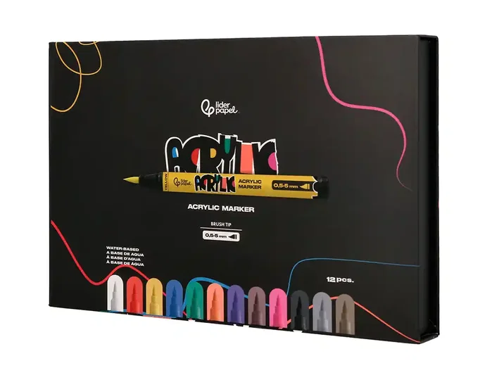 Liderpapel Rotulador Acrílico Punta Pincel, 12 Colores Surtidos