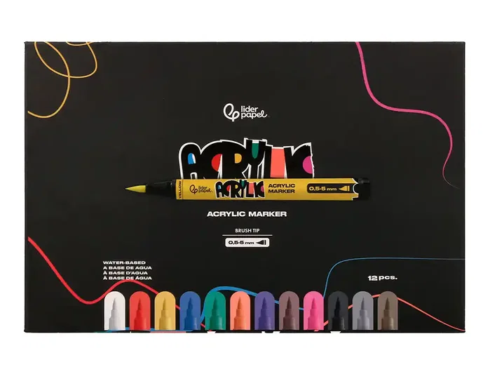 Liderpapel Rotulador Acrílico Punta Pincel, 12 Colores Surtidos