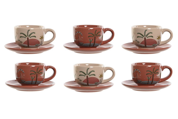 DKD Home Decor Calima 2023 Set de 6 Tazas de Café Boho Terracota Beige Dolomita 18x20x20 cm 180ml Apto Microondas Lavavajillas
