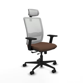 Silla de oficina Haches con mecanismo Sincro/Traslack tapizada con Tela color Marrón oscuro y malla color Blanco. Equipada con lumbar 1D, Brazos 2D, Cabecero 2D y Ruedas 65mm nailon