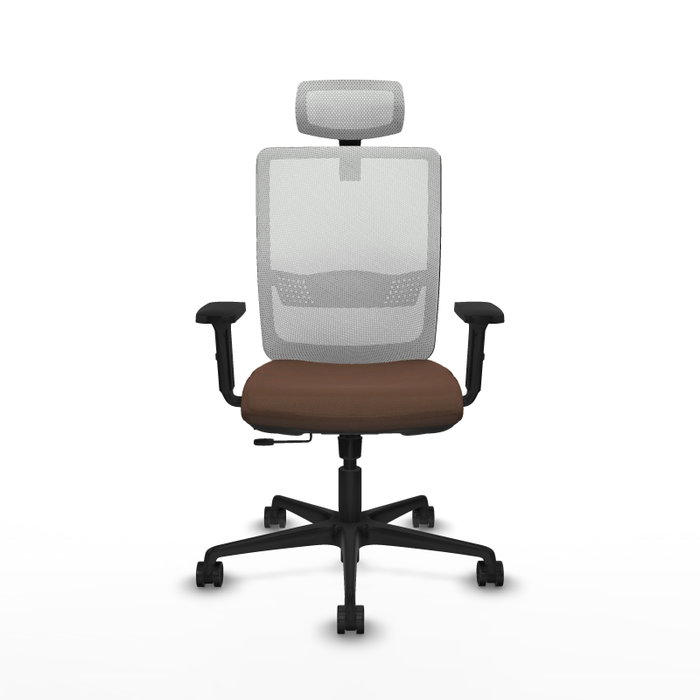Silla de oficina Haches con mecanismo Sincro/Traslack tapizada con Tela color Marrón oscuro y malla color Blanco. Equipada con lumbar 1D, Brazos 2D, Cabecero 2D y Ruedas 65mm nailon