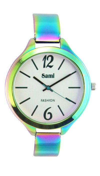SAMI Reloj SRA - Metal Baño Rainbow, Esfera Plata, Caja Roja, Cristal Mineral