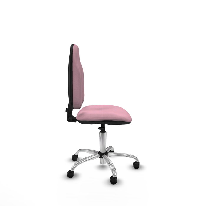 Silla de oficina Algarra con mecanismo Contacto permanente básico tapizada con Tela color Rosa. Equipada con Base cromada, Sin brazos y Ruedas de parqué
