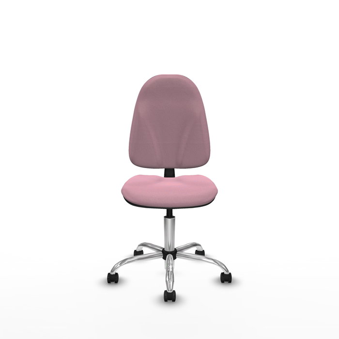 Silla de oficina Algarra con mecanismo Contacto permanente básico tapizada con Tela color Rosa. Equipada con Base cromada, Sin brazos y Ruedas de parqué
