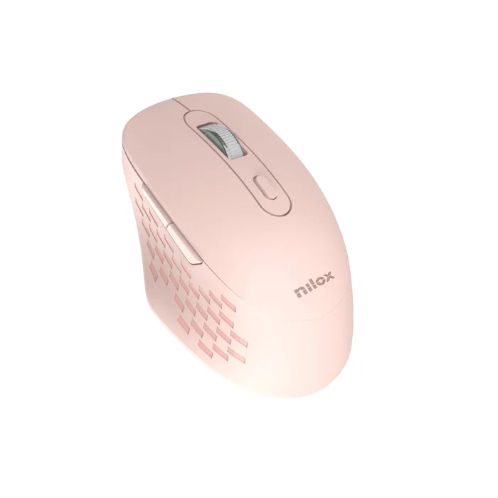 Nilox Ratón Inalámbrico Compacto Rosa 1600 DPI, Conexión Dual Bluetooth + USB Type-A, 6 Botones, Programable, Silencioso, para Oficina