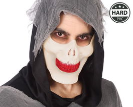 Máscara Calavera Blanca Diseño Sarcástico Hombre Esqueleto Sonrisa Marcada Capucha Negra Halloween Terror