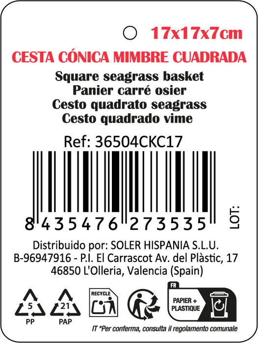Privilege Cesta Conica Mimbre Cuadrada 17 cm x 17 cm x 7 cm (36 Unidades)