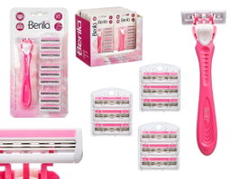 Berilo Maquinilla de Afeitar con 10 Recambios, 3 Hojas, Color Rosa. Dimensiones: 11x21x3 cm (Set de 24)