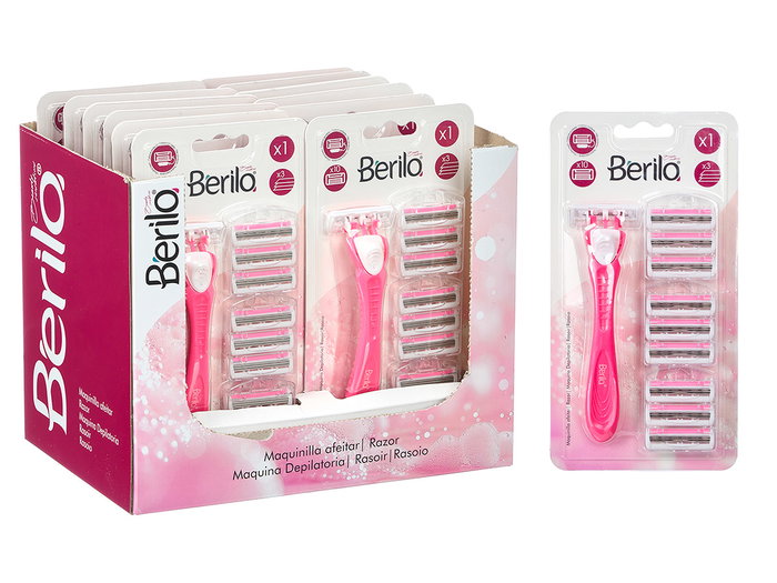 Berilo Maquinilla de Afeitar con 10 Recambios, 3 Hojas, Color Rosa. Dimensiones: 11x21x3 cm (Set de 24)