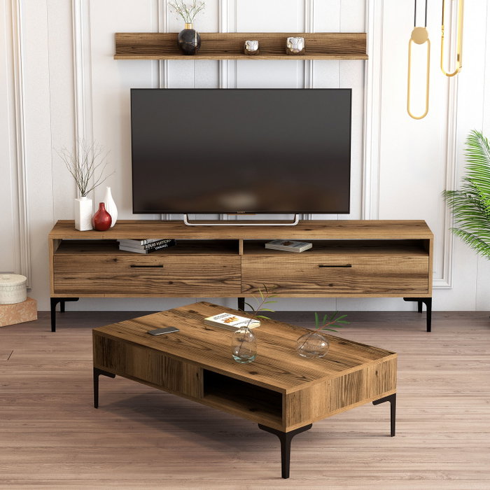Hanah Home Istanbul Conjunto de Muebles de Salón Nogal con Soporte TV 180cm, Mesa Café, Estante Pared