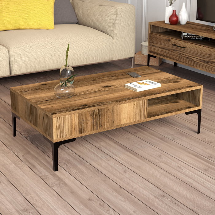 Hanah Home Istanbul Conjunto de Muebles de Salón Nogal con Soporte TV 180cm, Mesa Café, Estante Pared