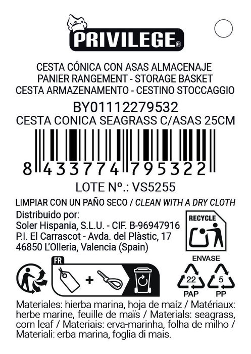 Inde Cesta Cónica Seagrass con Asas 25 cm (18 Unidades)