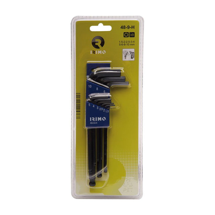 Irimo 48-9-H Juego de 9 Llaves Allen Pavonadas Largas con Bola Hexagonales 1.5 2 2.5 3 4 5 6 8 10 mm en Soporte