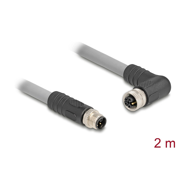 Delock 80543 Cable M12 5 Pin L-Codificado Plug Derecha a Receptáculo 90 Grados PUR Gris para Cadena Portacables 2 Metros
