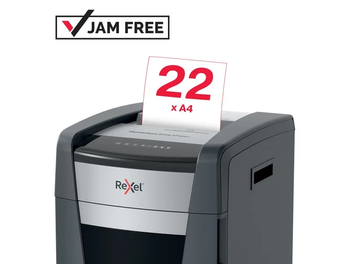 Rexel Destructora de Papel Momentum Extra XP422+ (22 Hojas, Corte Cruzado P-4) Negro-Plata