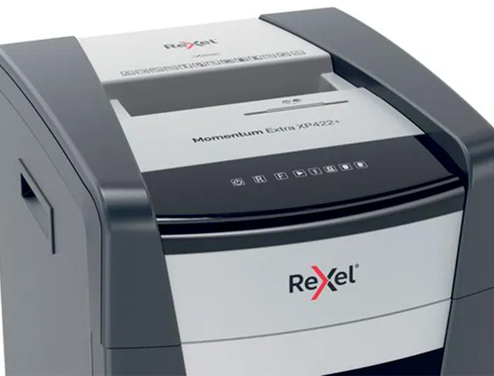 Rexel Destructora de Papel Momentum Extra XP422+ (22 Hojas, Corte Cruzado P-4) Negro-Plata