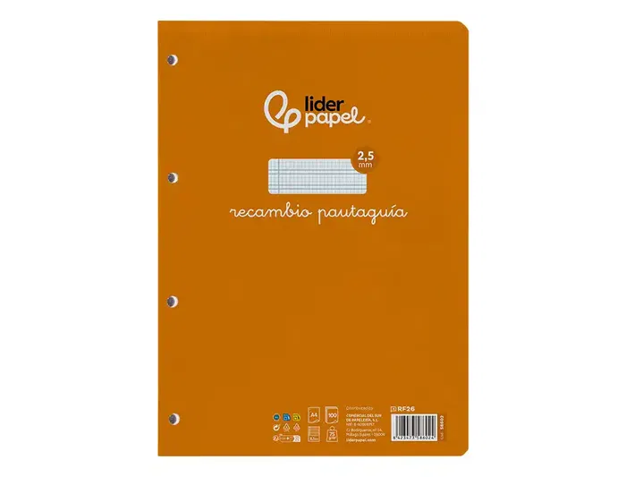 Liderpapel Recambio A4 PautaGuia 100 Hojas 75gr Cuadriculado Pautado 2,5mm con Margen y 4 Taladros