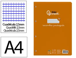 Liderpapel Recambio A4 PautaGuia 100 Hojas 75gr Cuadriculado Pautado 2,5mm con Margen y 4 Taladros