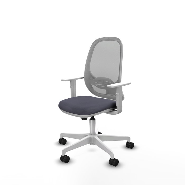 Silla de oficina Cilanco con mecanismo Sincro tapizada con Tela color Gris oscuro y malla color Gris. Equipada con lumbar 1D, Reposabrazos blancos y Ruedas 65mm nailon