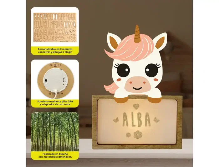 Wondee Lámpara Infantil Personalizable Little Unicorn Abeja Luz Nocturna Quit Miedos Madera Sostenible Batería Cable Tipo C