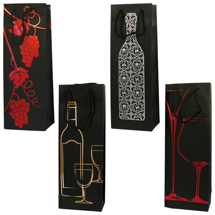 Party Time Bolsa Regalo Botella Colección Lounge Papel Decorada Uvas Botella Copas Dorado Plateado Rojo 36 cm