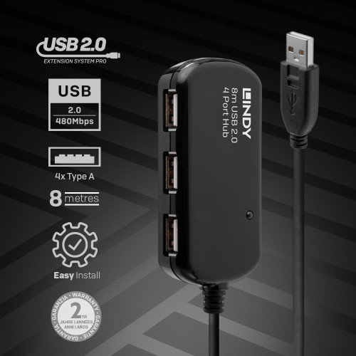 Lindy 42781 Hub USB 2.0 de 4 Puertos con Cable de 8 m, 480 Mbit/s, Compatible con Windows, Mac OS, Linux