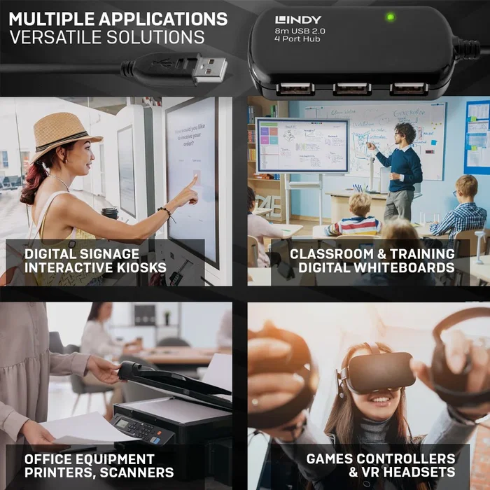 Lindy 42781 Hub USB 2.0 de 8 metros, Active Extension con 4 Puertos, 480 Mbit/s, Compatible con Windows, Mac OS y Linux