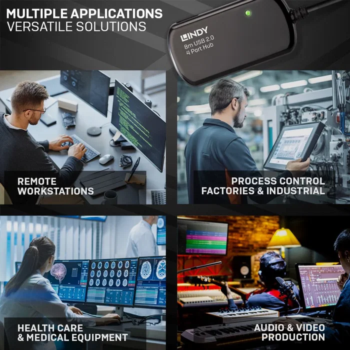 Lindy 42781 Hub USB 2.0 de 8 metros, Active Extension con 4 Puertos, 480 Mbit/s, Compatible con Windows, Mac OS y Linux