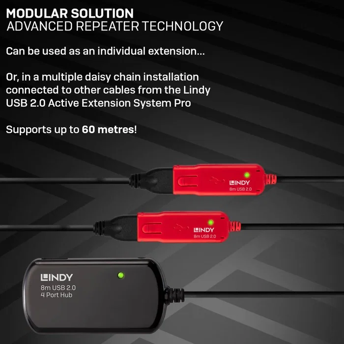 Lindy 42781 Hub USB 2.0 de 8 metros, Active Extension con 4 Puertos, 480 Mbit/s, Compatible con Windows, Mac OS y Linux
