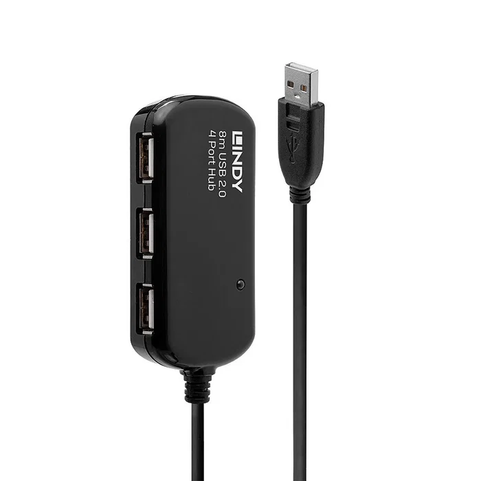 Lindy 42781 Hub USB 2.0 de 8 metros, Active Extension con 4 Puertos, 480 Mbit/s, Compatible con Windows, Mac OS y Linux