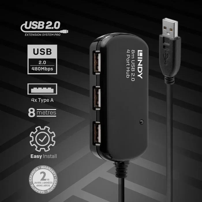 Lindy 42781 Hub USB 2.0 de 8 metros, Active Extension con 4 Puertos, 480 Mbit/s, Compatible con Windows, Mac OS y Linux