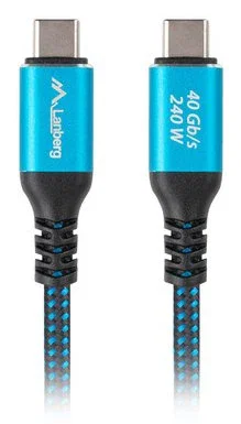 Lanberg CA-CMCM-45CU - Cable USB4 Tipo C Macho-Macho 2 m, Negro/Azul, 240W Carga, 8K@60Hz, 40Gbps