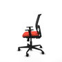 Silla de oficina Yunquera con mecanismo Sincro tapizada con Tela color Naranja oscuro y malla color Negro. Equipada con lumbar 1D, Brazos 1D y Ruedas 65mm nailon