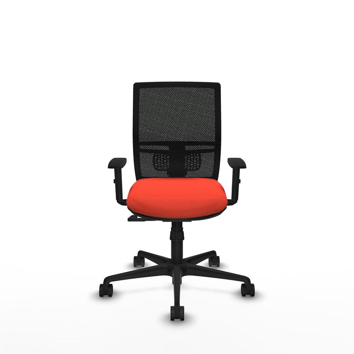 Silla de oficina Yunquera con mecanismo Sincro tapizada con Tela color Naranja oscuro y malla color Negro. Equipada con lumbar 1D, Brazos 1D y Ruedas 65mm nailon