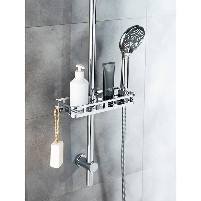 Wenko Cesto de Ducha Acero Inoxidable con Ganchos Integrados y Soporte para Cabezal, Fijación Rápida, 28.5x4x11.5 cm Wenko Cesto de Ducha Acero Inoxidable con Ganchos Integrados y Soporte para Cabezal, Fijación Rápida, 28.5x4x11.5 cm