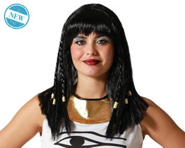 Atosa Peluca Egipcia Negra con Trenzas y Adornos Dorados