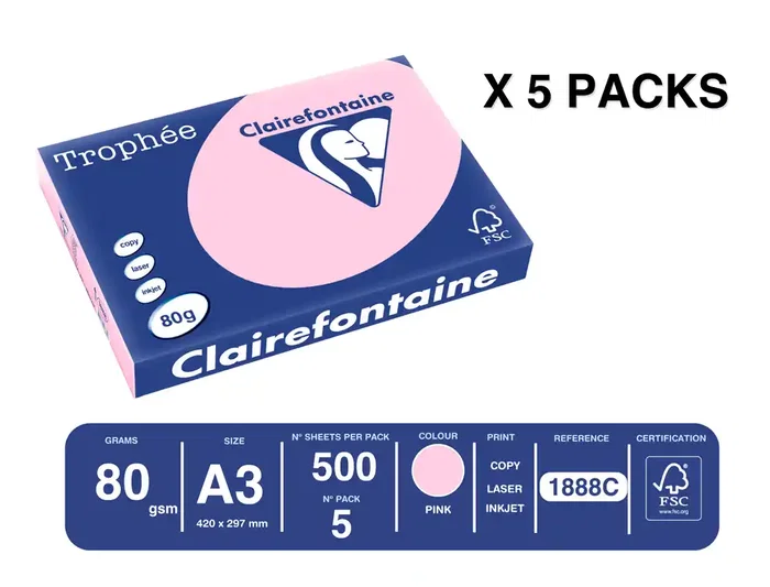 Trophee Papel Color Rosa Pastel A3 80gr Paquete 500 Hojas Certificado FSC