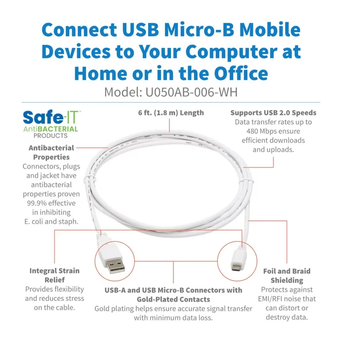 Tripp Lite U050AB-006-WH - Cable USB 2.0 A a Micro USB B Macho, Antibacteriano (Inhibe E.coli y Estafilococos), Blanco, 1.83m (6 pies), para Carga y Sincronización Tripp Lite U050AB-006-WH - Cable USB 2.0 A a Micro USB B Macho, Antibacteriano (Inhibe E.coli y Estafilococos), Blanco, 1.83m (6 pies), para Carga y Sincronización