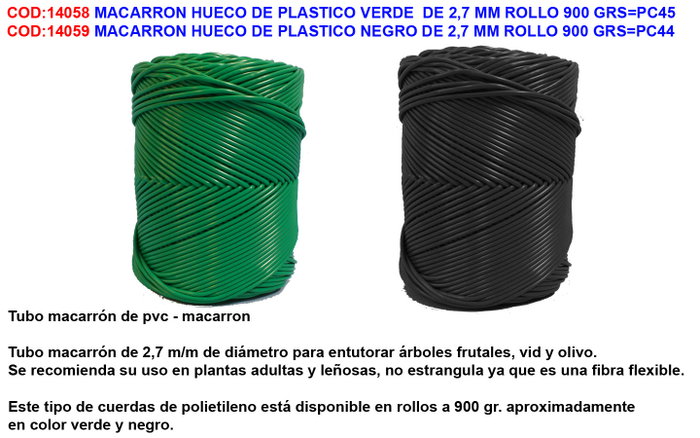 Macarrón hueco de plástico negro de 2,7 mm rollo 900 grs Macarrón hueco de plástico negro de 2,7 mm rollo 900 grs
