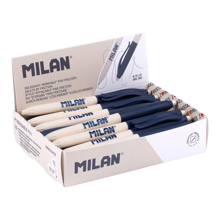 Milan P1 Bolígrafo Borrable con Tinta Azul, 25 unidades, Expositor
