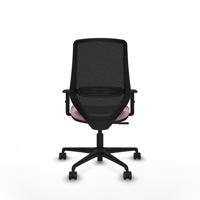 Silla de oficina Mardos con mecanismo Sincro tapizada con Tela color Rosa y malla color Negro. Equipada con lumbar 1D, Brazos 1D y Ruedas 65mm nailon