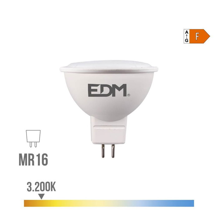 EDM Bombilla LED Dicroica MR16 8W (Equivalente 60W) 780 Lm Luz Cálida 3200K Ángulo 120º Casquillo G5.3 Clase F - Ø5x5cm EDM Bombilla LED Dicroica MR16 8W (Equivalente 60W) 780 Lm Luz Cálida 3200K Ángulo 120º Casquillo G5.3 Clase F - Ø5x5cm