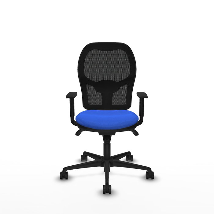 Silla de oficina Jorquera con mecanismo Sincro tapizada con Tela color Azul y malla color Negro. Equipada con lumbar 1D, Brazos 1D y Ruedas 65mm nailon